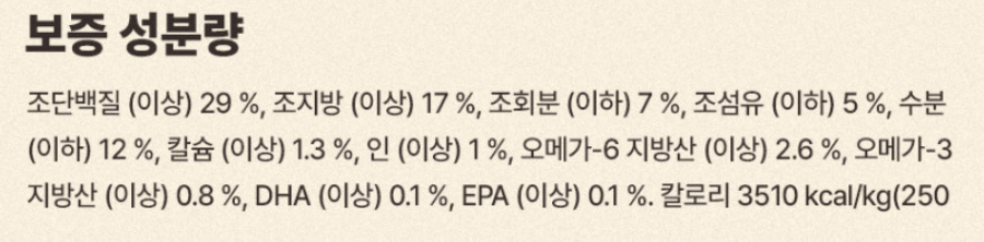 아카나 "어덜트 독" 성분표