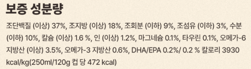 아카나 "하이프로틴 와일드 프레이리 캣" 성분표